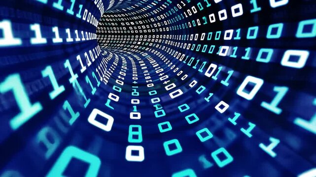 Futuristic Digital Tunnel of Binary Code Mesmerizing Flow of Data and Information in Vibrant Blue Technology, Showcasing Essence of Connectivity and Abstract Visuals.
