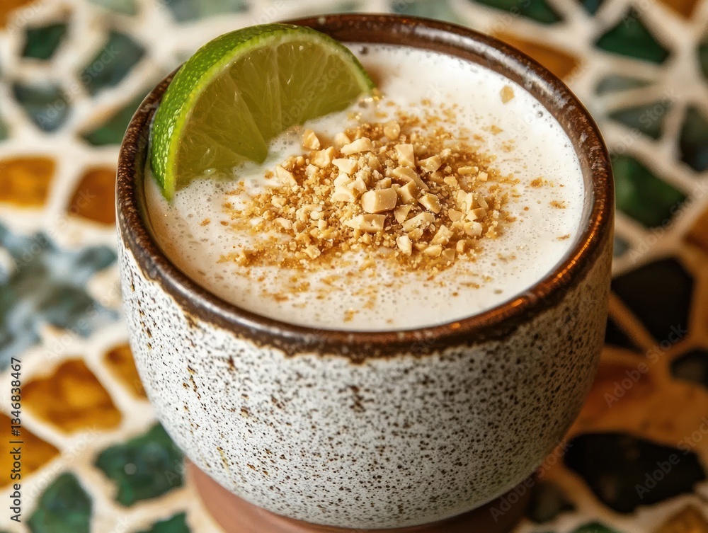 Poster refreshing cocktail drink with lime and nuts served in elegant cup on colorful mosaic table backgrou