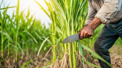 Sugarcane Harvesting Concept, Farmer Bending Over to Cut Sugarcane Stalk in Lush Green Field Under Bright Sunlight