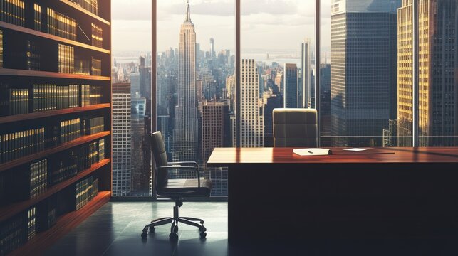 Modern city office with panoramic view, overlooking NYC skyline. Ideal for showcasing productivity, business, or corporate design