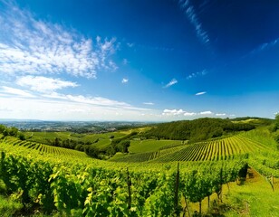 Fototapeta premium A panoramic view of rolling vineyards and lush countryside under a bright blue sky