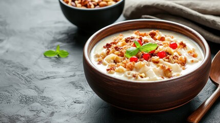 Creamy noodle dessert topped with walnuts berries and fresh mint in dark wooden bowl rustic feel