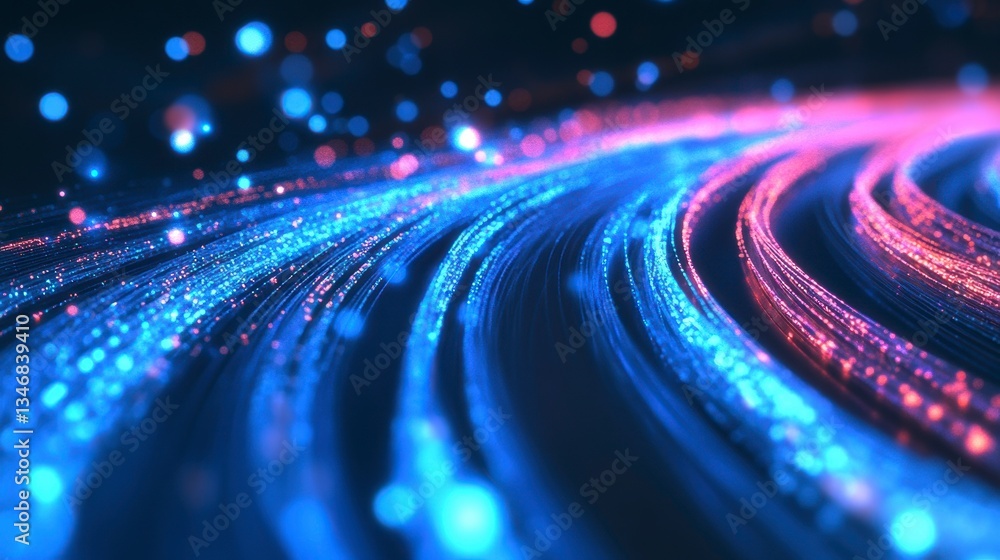 Poster abstract glowing lines swirl in blue and pink, creating a dynamic, futuristic background.