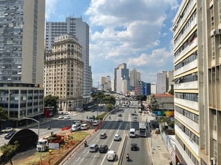The traffic and the buildings in Downtown Sao Paulo, Brazil.
