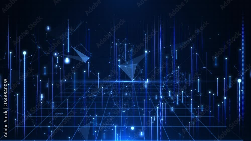 Poster abstract scene of futuristic cyber world, sci-fi grid, digital lines and plexus flow, technological 