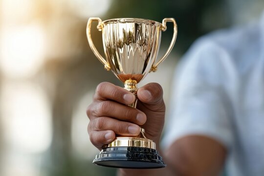 A close-up of a hand gripping a trophy triumphantly, capturing the essence of victory, pride, and the celebration of success in competitive endeavors or personal achievements.