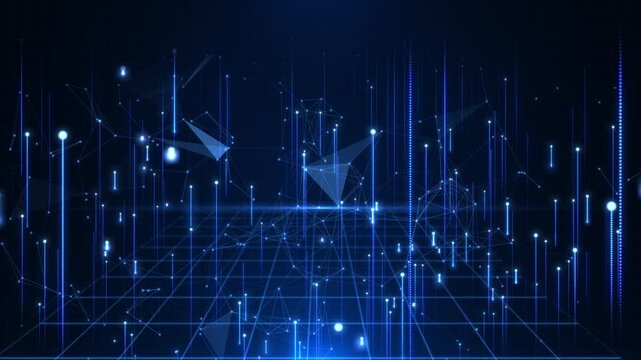 Abstract scene of futuristic cyber world, sci-fi grid, digital lines and plexus flow, technological glowing surface, neon night scene, digital science background 4K animation, seamless loop