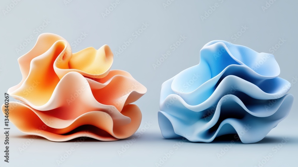 Poster two abstract three-dimensional forms in peach and light blue resembling crumpled fabric or soft cora
