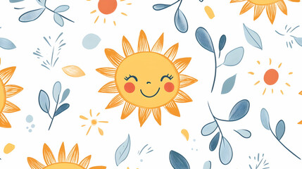 Happy sun and leaves pattern; cheerful summer background for kids' products