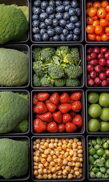 Colorful produce in eight black square containers, top-down view, clean arrangement