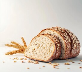 Sliced Whole Grain Bread with Wheat Stalks on White Background