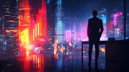Businessman gazing at brightly illuminated futuristic city skyline at night