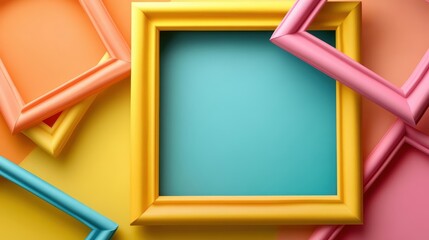 Vibrant Flat Lay of Colorful Picture Frames in Shades of Orange, Pink, Yellow, and Teal Set Against a Two-Toned Yellow and Orange Background