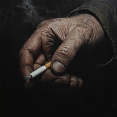 Obraz premium Wrinkled hand holds cigarette smoking in darkness.