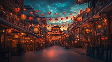 Obraz premium Illuminated Asian street, lanterns, dusk, festival, travel