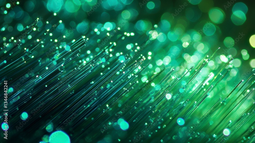 Poster abstract green fiber optic cables glowing in the dark, creating a bokeh effect.