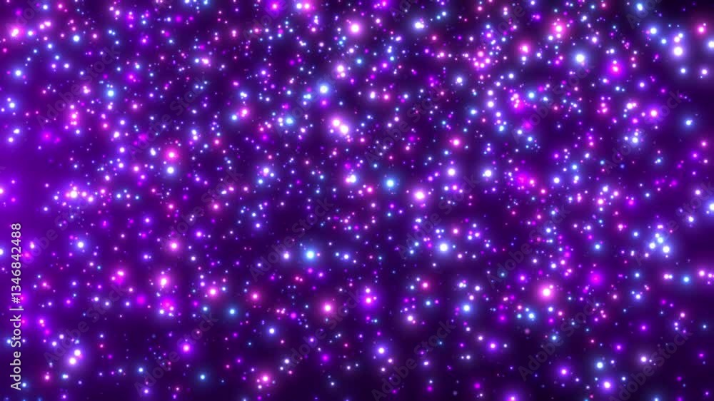 Poster abstract background of multicolored magic particles, neon particles glow and move upward at the spee