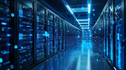 Futuristic server room with glowing data streams.