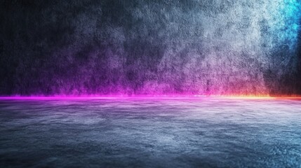 Textured Dark Gray Wall with Vibrant Horizontal Neon Light in Pink and Orange Illuminating Concrete Floor for Artistic Backgrounds and Designs