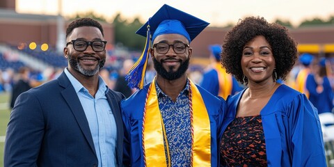 Proud Family at Graduation Ceremony African American Graduate with Parents, Blue and Gold Gowns, Outdoor Stadium Setting