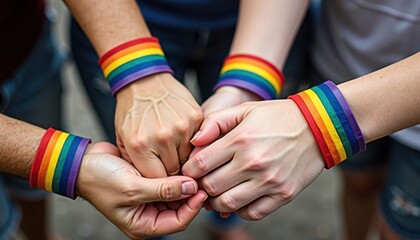 Four hands join in a colorful fist bump, each wearing rainbow wristbands, symbolizing unity, diversity, and LGBTQ+ pride. This image captures the celebratory spirit of Pride Month