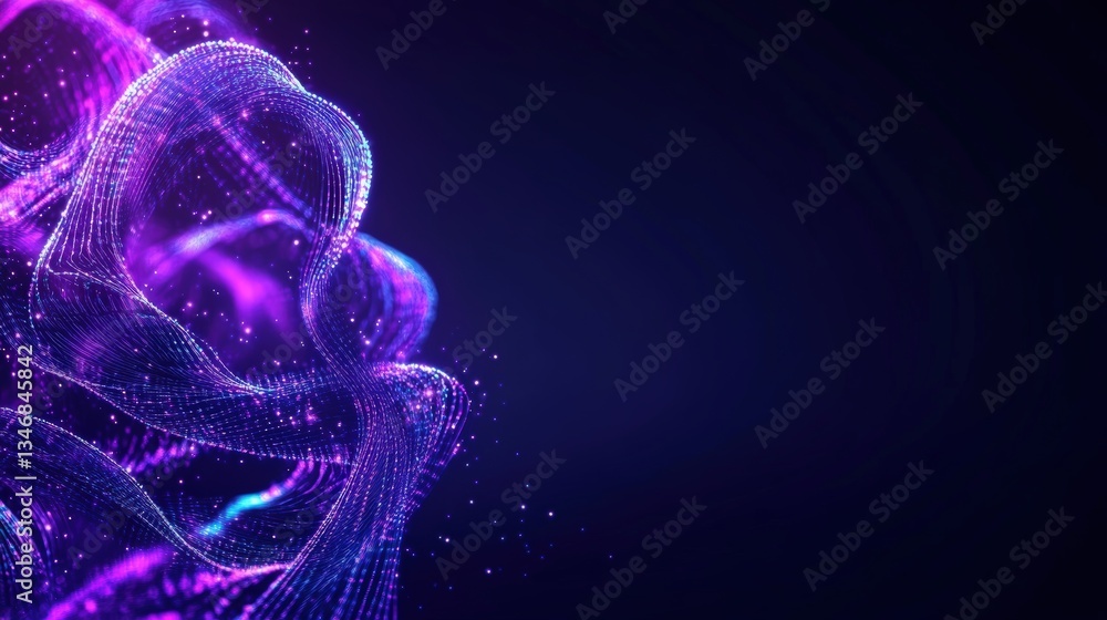Poster luminous swirling particles in shades of purple and blue creating an abstract digital artwork on a d