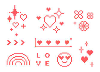 Pixel heart icon set. Romantic red pixel art elements. Y2k trendy collage love stickers. Rainbow, flower, heart. Mood of 90's. 8-bit retro style vector illustration. Simple geometric shape