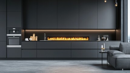 Modern Dark Kitchen with Built-in Fireplace and City Views