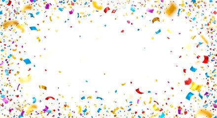 Bright, festive frame of colorful confetti on a white background. Celebratory design with a clear, central space.