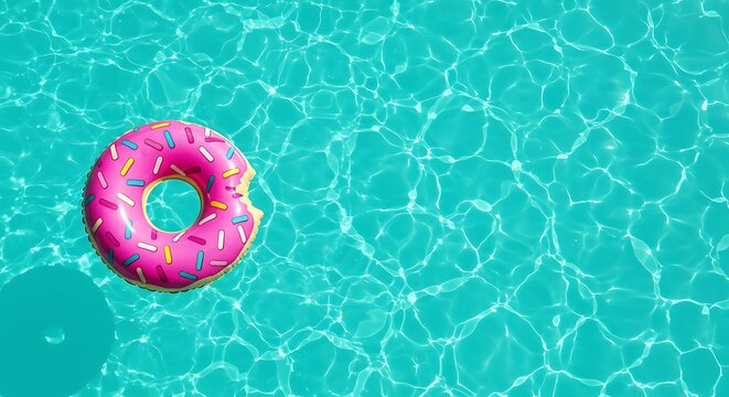 A single pink inflatable donut floating in a sunlit swimming pool, creating a playful and refreshing image.