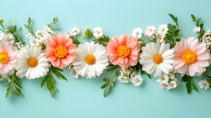 Obraz premium Vibrant Floral Border with Daisies and Chrysanthemums on Turquoise Background