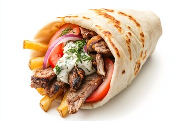 Greek gyros with grilled pork, red onions, french fries, tomatoes and tzatziki on a white background