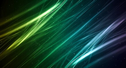 Fototapeta premium Abstract lines of light, blending green and blue hues, against a dark, speckled backdrop. Energetic and modern design.