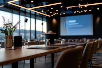 This sophisticated conference room features a sleek design, equipped with large windows, elegant furnishings, and high-tech presentation screens for impactful meetings.