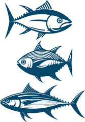 Set of Stylized Tuna Fish Illustrations – Marine and Fishing Theme, Vector illustration of three stylized tuna fish, perfect for fishing logos, seafood branding, and marine-themed designs