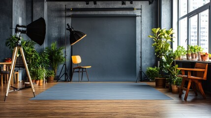 Stylish minimalist photography studio with gray backdrop, tripod light, floor lamp, yellow chair, potted plants, and gray shooting surface set for photos