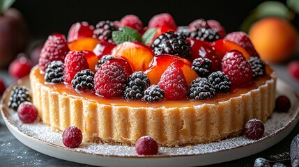 Delicious tart with fresh fruits and vibrant berries on a dark background with soft focus