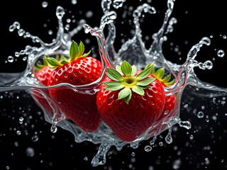 strawberries splashing in water.
