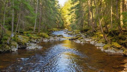 Obraz premium Idyllic forest river in sunlight