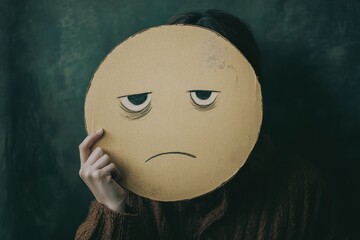 sad melancholic face illustrated on paper held by person in dark sweater against muted background. expression of sadness and depression. mental health awareness, emotional concept. therapy, counseling