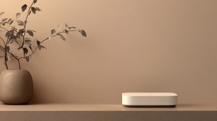 Modern minimalist decor featuring a sleek device on a neutral-toned surface with a plant in the background