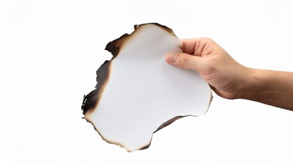 a hand holding a piece of paper with burnt edges, against plain background