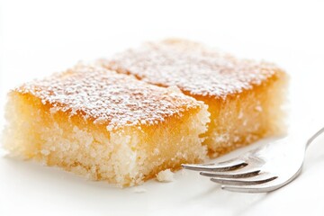 Delicious Golden Cake Squares Sprinkled with Sugar Ready to Eat Presented on White Plate with Fork