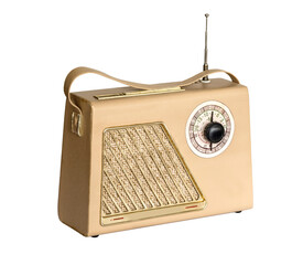 Vintage beige radio with golden details and antenna displaying tuning dial