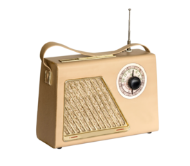Vintage beige radio with golden details and antenna displaying tuning dial