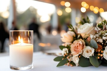 Obraz premium A stylish table setting featuring a floral arrangement complemented by soft candlelight, enhancing the warmth and intimacy for gatherings or celebrations.
