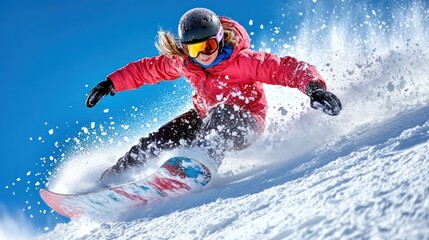 Young woman snowboarding down a snowy slope