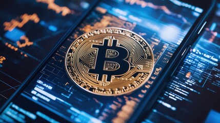 A Bitcoin logo displayed on a smartphone screen with blockchain technology visuals