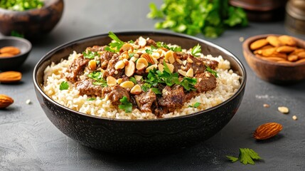 Delicious beef stew with rice and almonds elegant culinary presentation for gourmet food stock