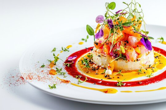 Naklejki Exquisite dish of seafood and fruit salad garnished with edible flowers on an elegant white plate
